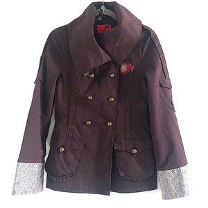 PA Personal Affairs Cotton Pea Coat in Chocolate Brown with Brocade Cuffs